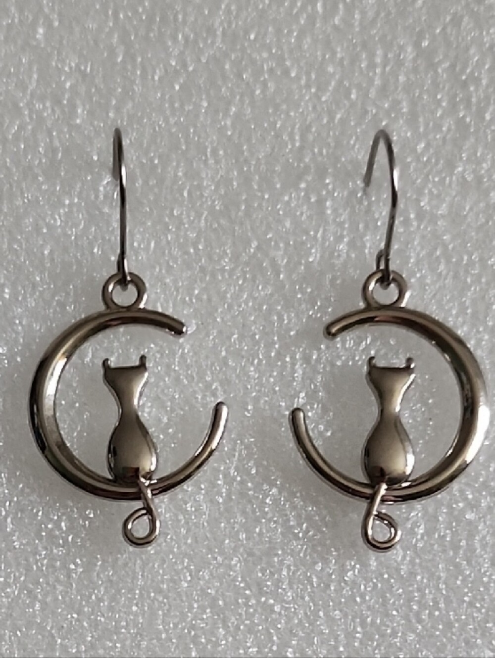 Hand Crafted Silver Cat on Crescent Moon Dangle Earrings